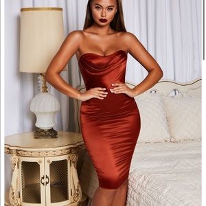Oh Polly Strapless Satin Knee Length Dress Copper
